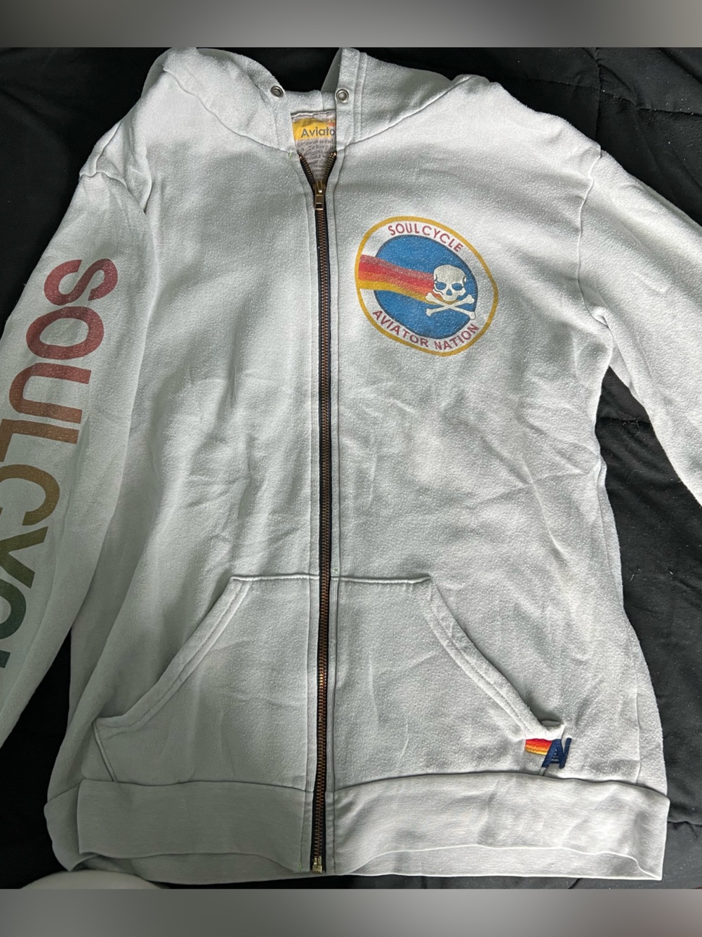 Aviator Nation & Soul Cycle Gray Zip-Up Jacket with Rainbow Sleeve Logo
